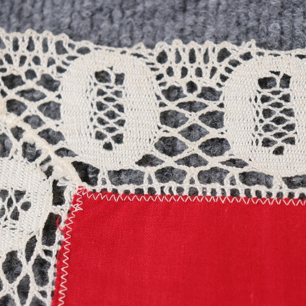 Vintage Lace Christmas Embroidered Square Tablecloth Topper Bells Grandma 19x19